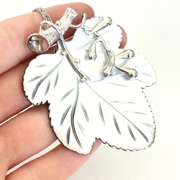 925 Sterling Silver Large Mother Of Pearl Leaf Reversible Pendant Necklace - Picture 9 of 13